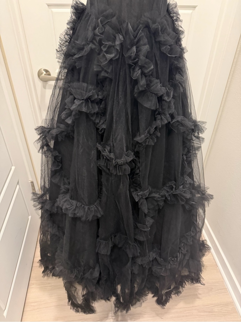 Strapless Black Tulle Ruffle Evening Gown - Picture 6 of 9